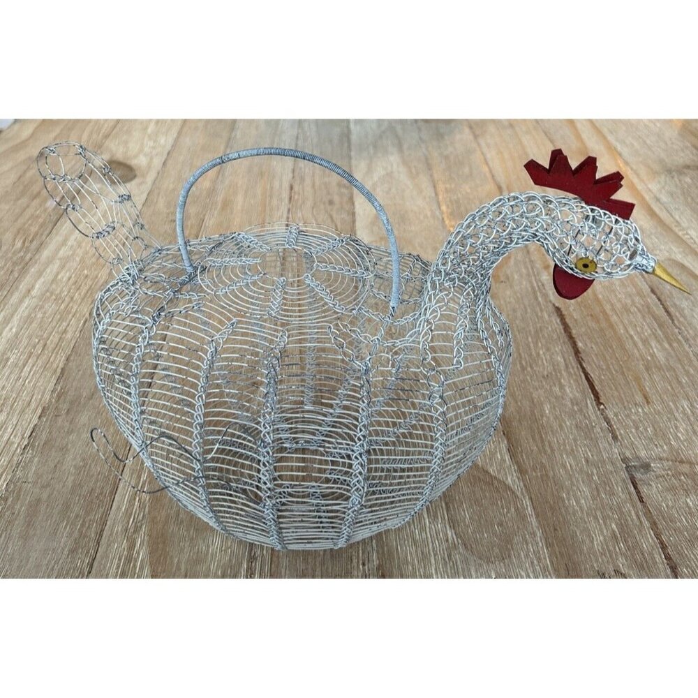White Wire Chicken Egg Gathering Basket Vintage Antique Rustic Farmhouse 1920s